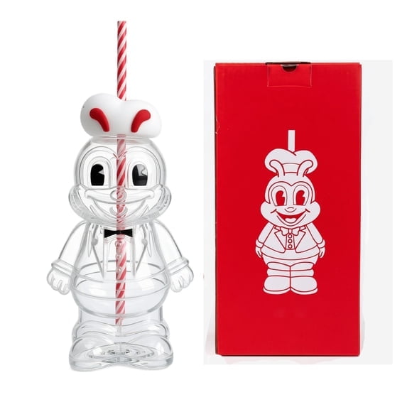 Jollibee 3D Figure Jolly Glass Tumbler - Cute Mascot Character Cup with Chef Hat Lid & Straw, Novelty Clear Cold Drinkware Gift Set