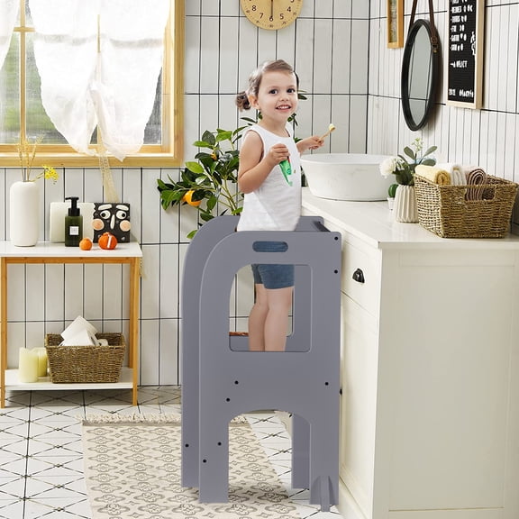 iRerts Step Stools for Kids, Wooden Toddler Step Stool with 2 Steps and Anti-slip Feet, Toddler Child Standing Tower for Bathroom Kitchen Counter Learning for Toddlers 18 Months and Older, Gray