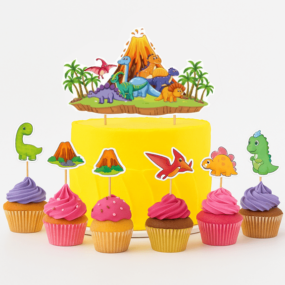 Dinosaur Cake Topper and Cupcake Topper Set for Kids Birthday Party – 1 Large Volcano Cake Topper and 12 Dinosaur Cupcake Picks – Prehistoric Party Decorations