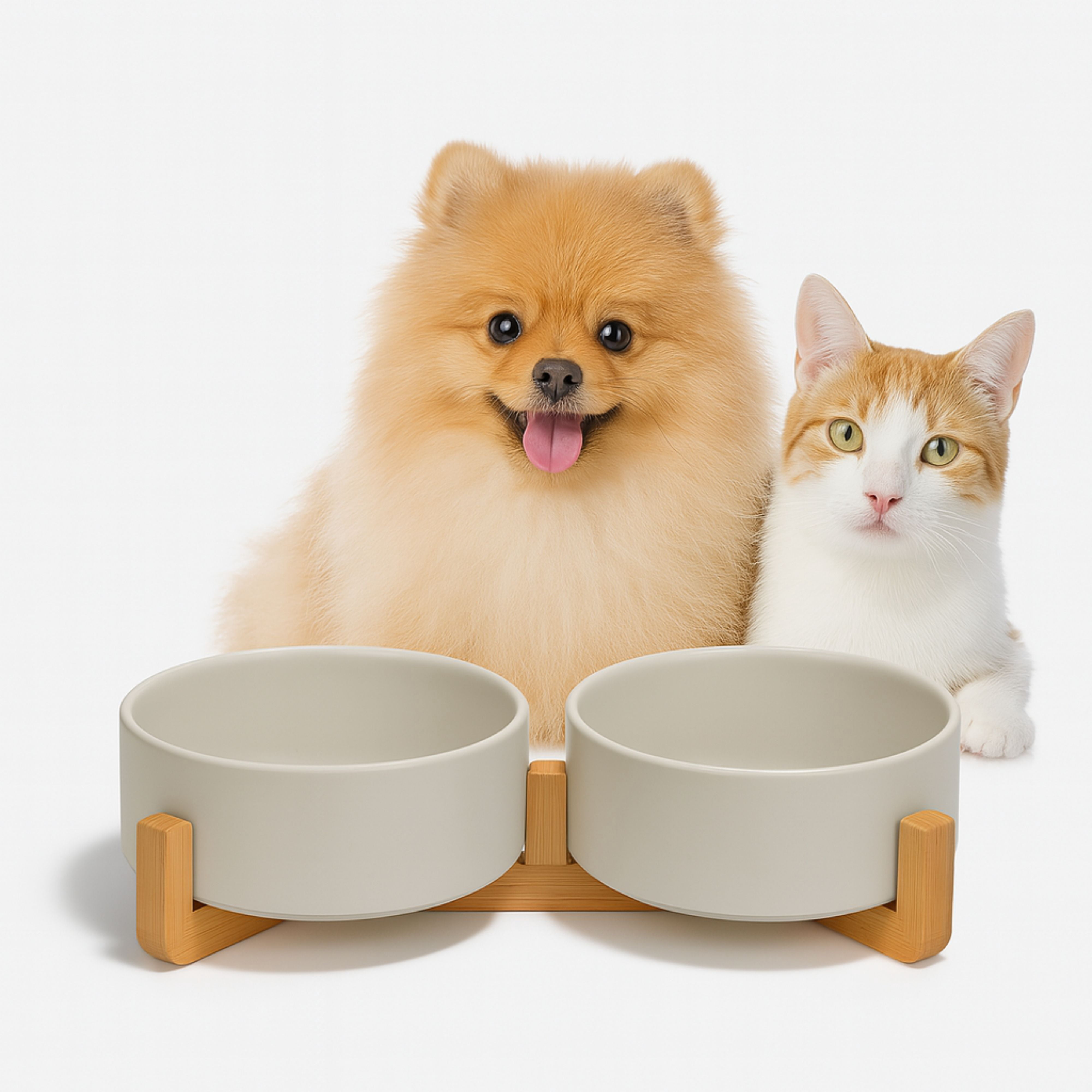 13.5oz Ceramic Dog and Cat Bowls with Bamboo Stand, Tilted Elevated Pet Feeder, Non-Slip Food and Water Bowls for Small Dogs and Cats, Anti-Vomit Design, Dishwasher Safe, Modern Style