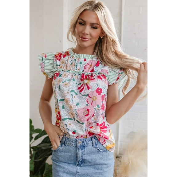 Pink Floral Print Contrast Ruffle Trim Short Sleeve Blouse