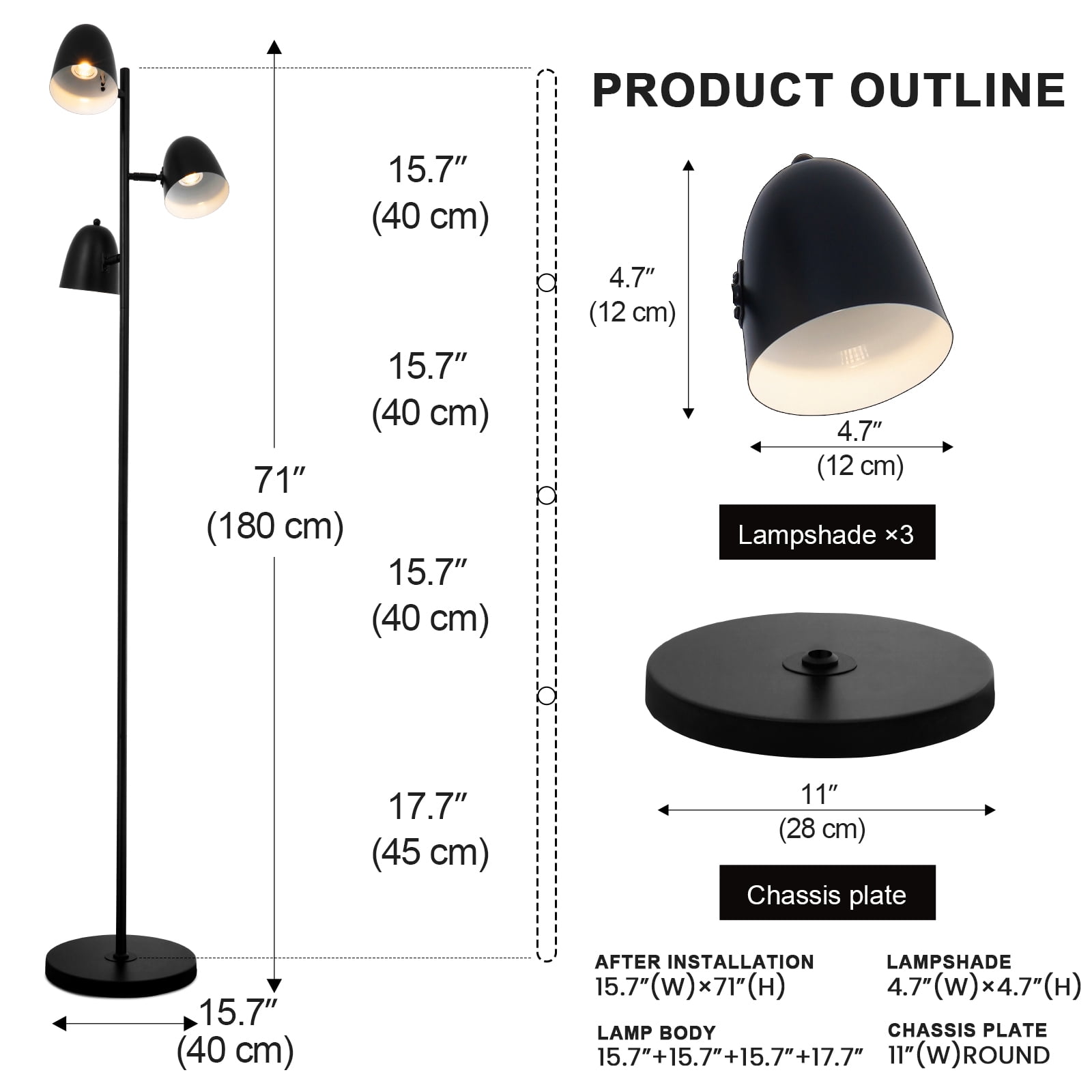 3-Head Black Floor Lamp, Duty Iron Floor Lighting with Arms, Modern Tripod Design for Living Room Bedroom, 15.7"W x 70.9"H with 11" Anti-Tip Base, GU10 Socket*1