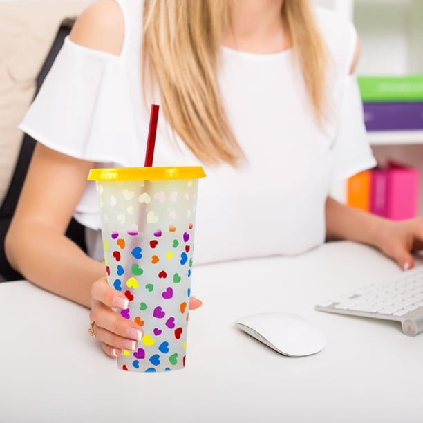 Vasos TRIEIY con tapa y pajita, vaso creativo de agua, vaso de plástico PP con pajita, vaso transparente de plástico con pajita, 710 ml, vaso de plástico sensible al frío, D, vasos que cambian de