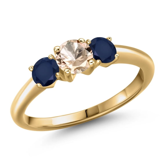 Gem Stone King 18K Yellow Gold Plated Silver Peach Morganite and Blue Sapphire Engagement Ring for Women | 1.10 Cttw | Round 5MM | Gemstone October Birthstone | Size 7
