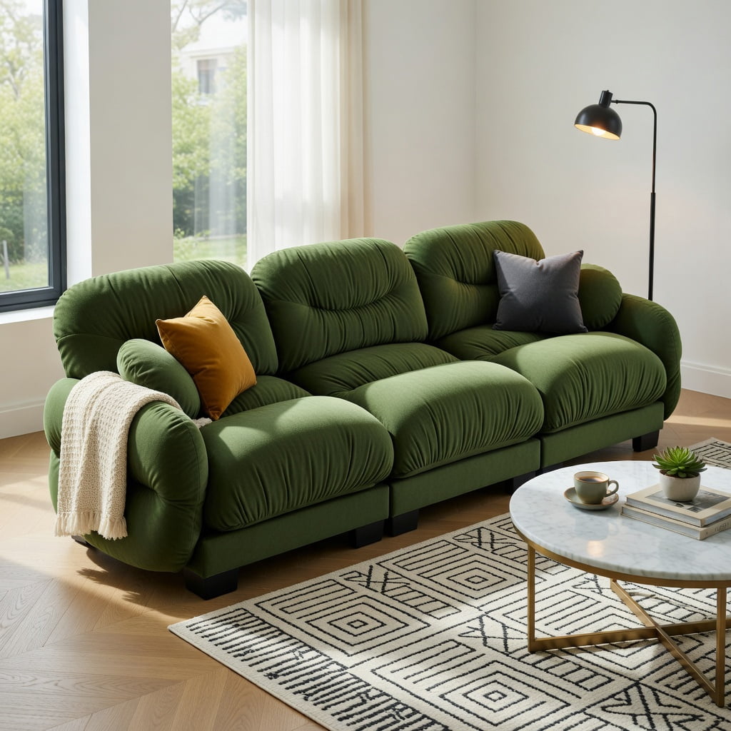 Hommoo Chenille 3-Seat Modular Sofa with Pleated Back, Ergonomic High-Density Foam Cushions, Curved Armrests & 2 Round Throw Pillows, Green