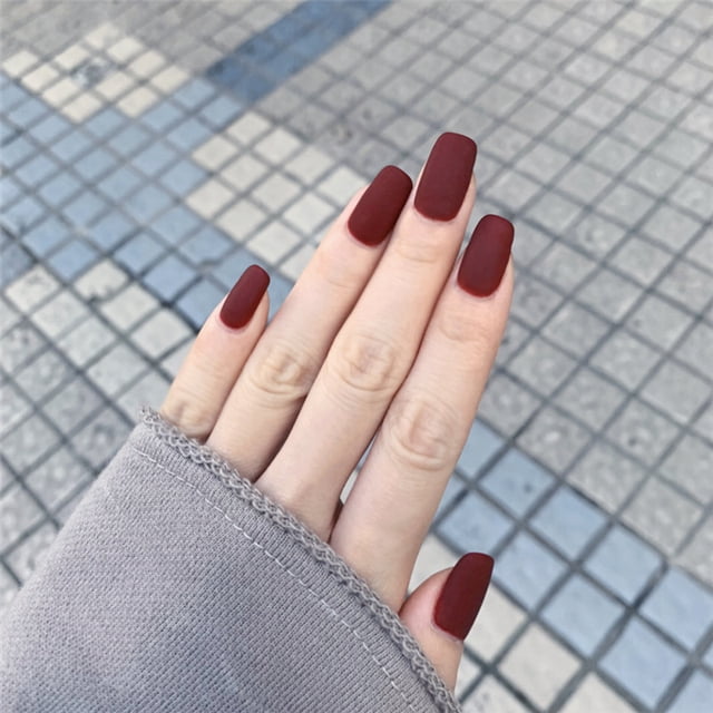 24Pcs Non-toxic Do not Hurt the Hand Mid-length Square Head Wine Red Color Matte Nails Women Full Cover Finger Fake Nail