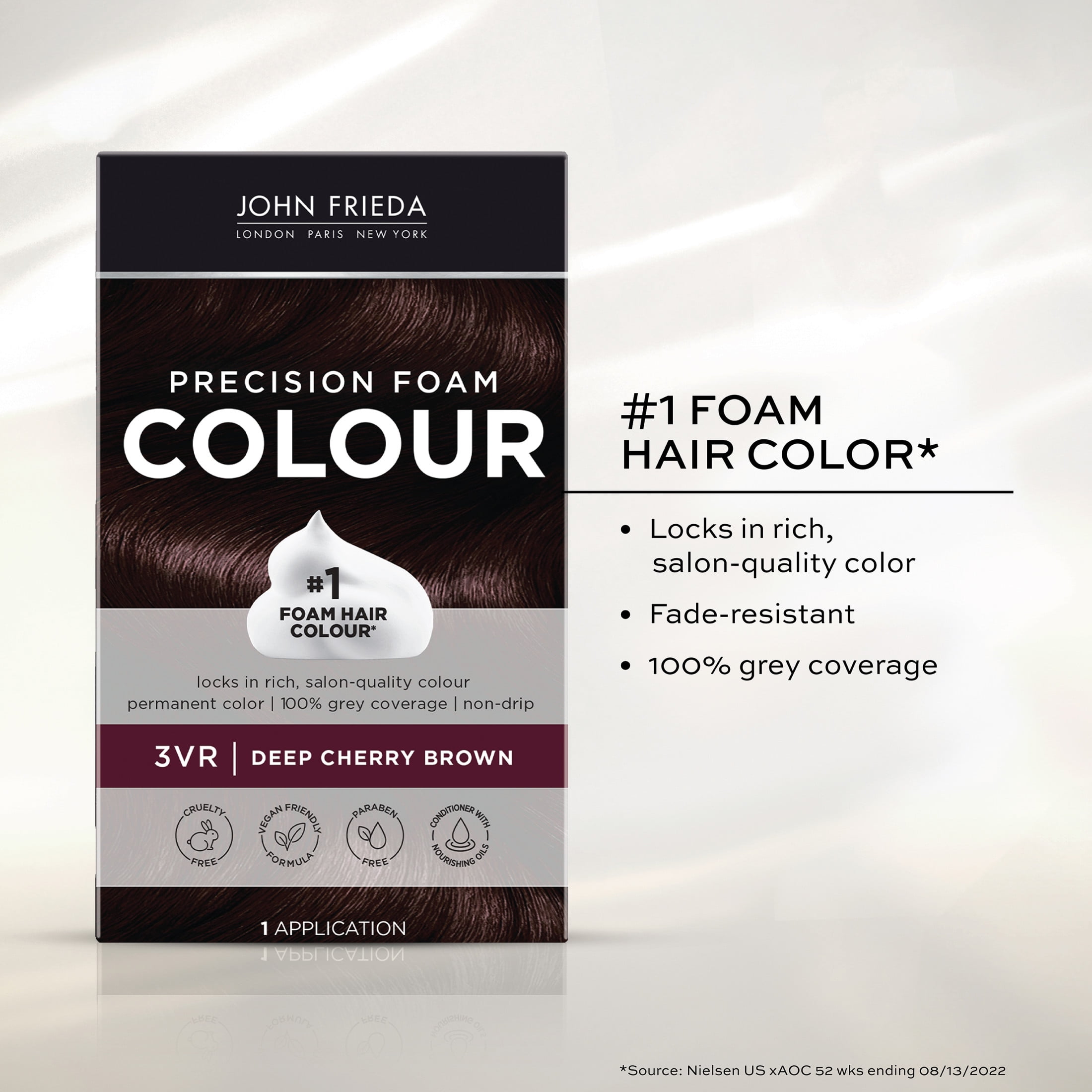 John Frieda Brown Permanent Precision Hair Color Foam Kit, 3VR Deep Cherry Brown Hair Dye, 1Ct