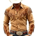 thumbnail image 2 of Zysthvn Plus Size Collared Shirts for Men Fringe Casual Long Sleeve Western Cowboy Man Tees Button Solid Lapel Tassel Vintage Tops, 2 of 8