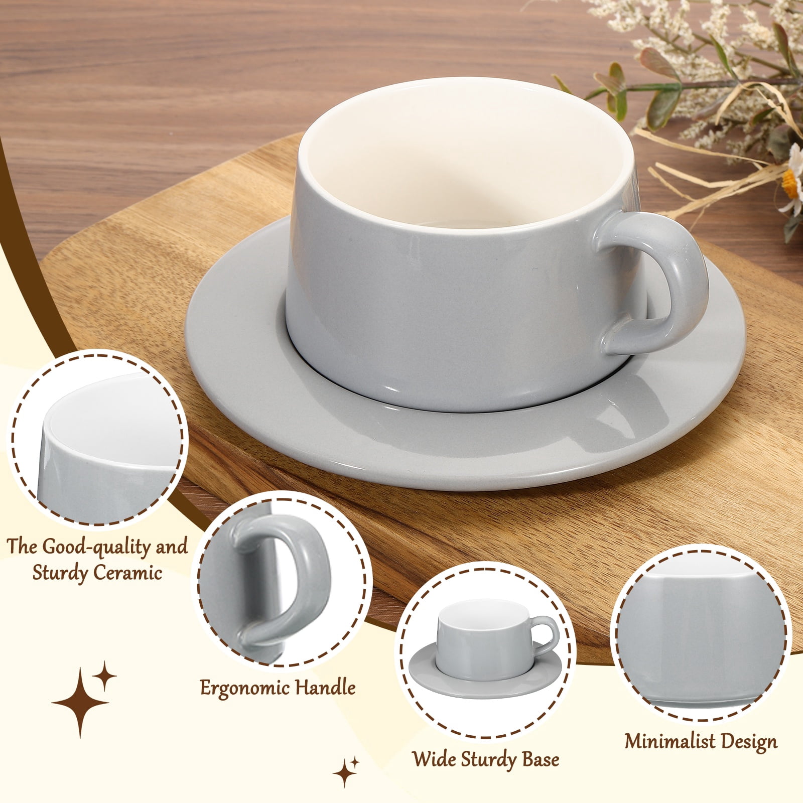 Uxcell 10oz Ceramic Coffee Mugs with Saucer Set, Creative Cute Cup with Handle Unique Irregular Design for Coffee Lovers Gift Tea Espresso Latte Kitchen Cafe Party, Dishwasher Gray