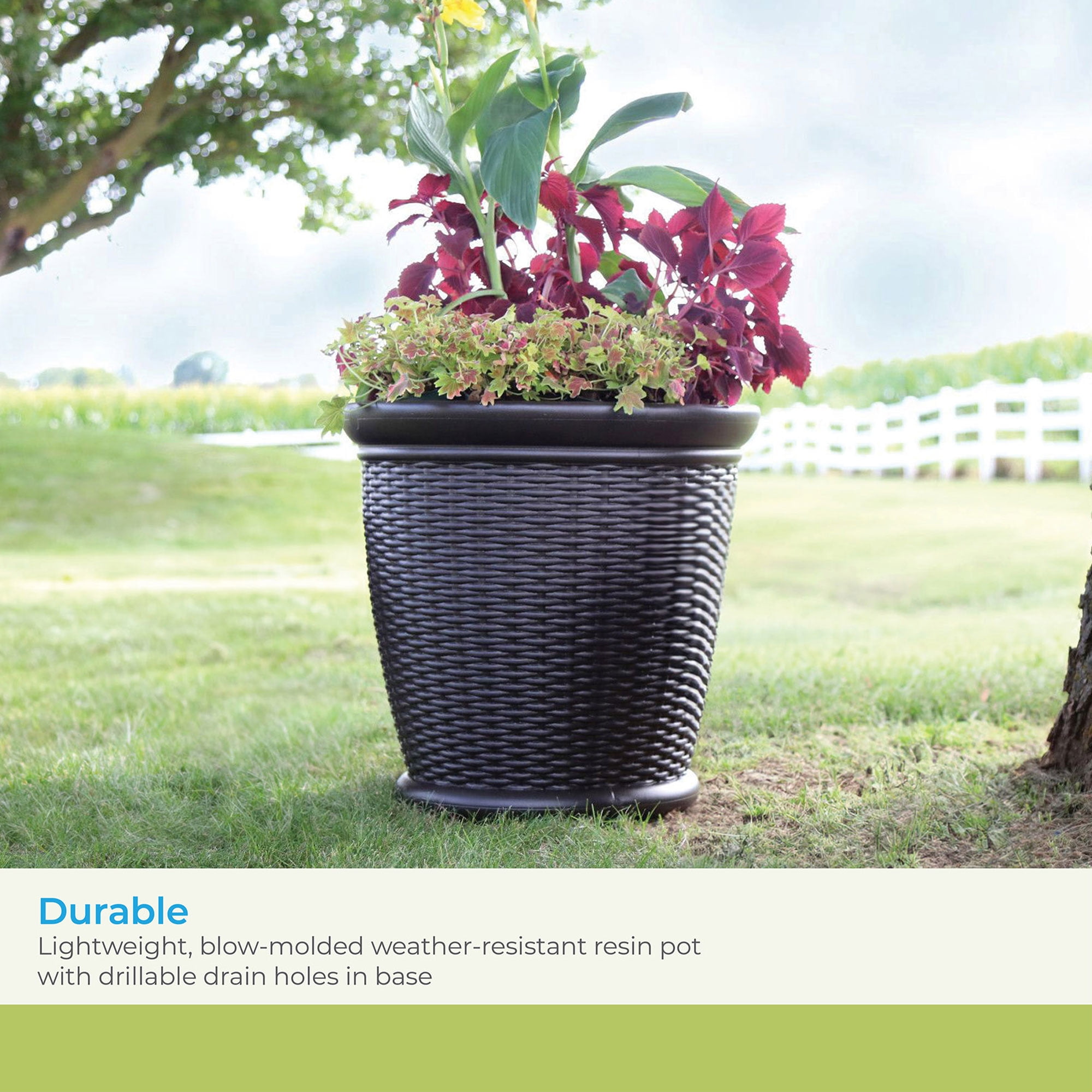Suncast Willow 18 Inch Diameter Resin Decorative Wicker Patio Planter Pot, Java