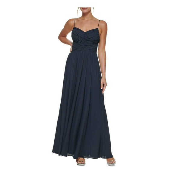 DKNY Robe Formelle pour Femmes Bleu Marine Froncée à Fermeture Éclair Doublée à Bretelles Spaghetti à Col en V Pleine Longueur 12
