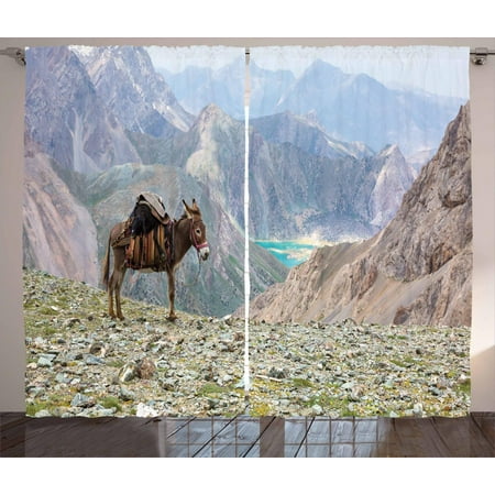Harness Living Room Set (Donkey Curtains 2 Panels Set, Animal with Traditional Harness Carrying a Sheep Wild Mountain Area and Lake Scenery, Window Drapes for Living Room Bedroom, 108W X 90L Inches, Multicolor, by)