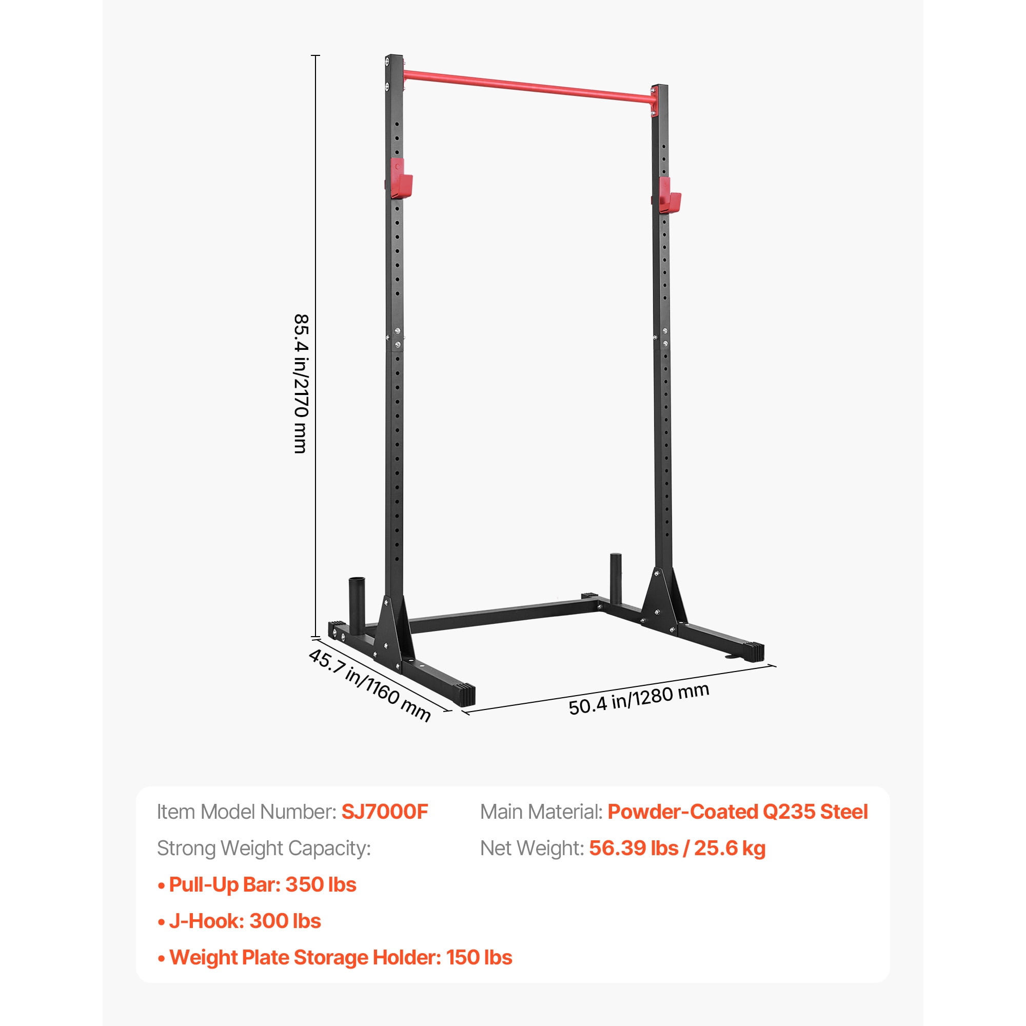 KFFKFF Power Cage Squat Rack, Versatile Workout Equipment with 28-Level Adjustable J-Hooks, 800LBS Capacity for Strength Training, Barbell Squats, Pull-Ups, and Weight Lifting at Home
