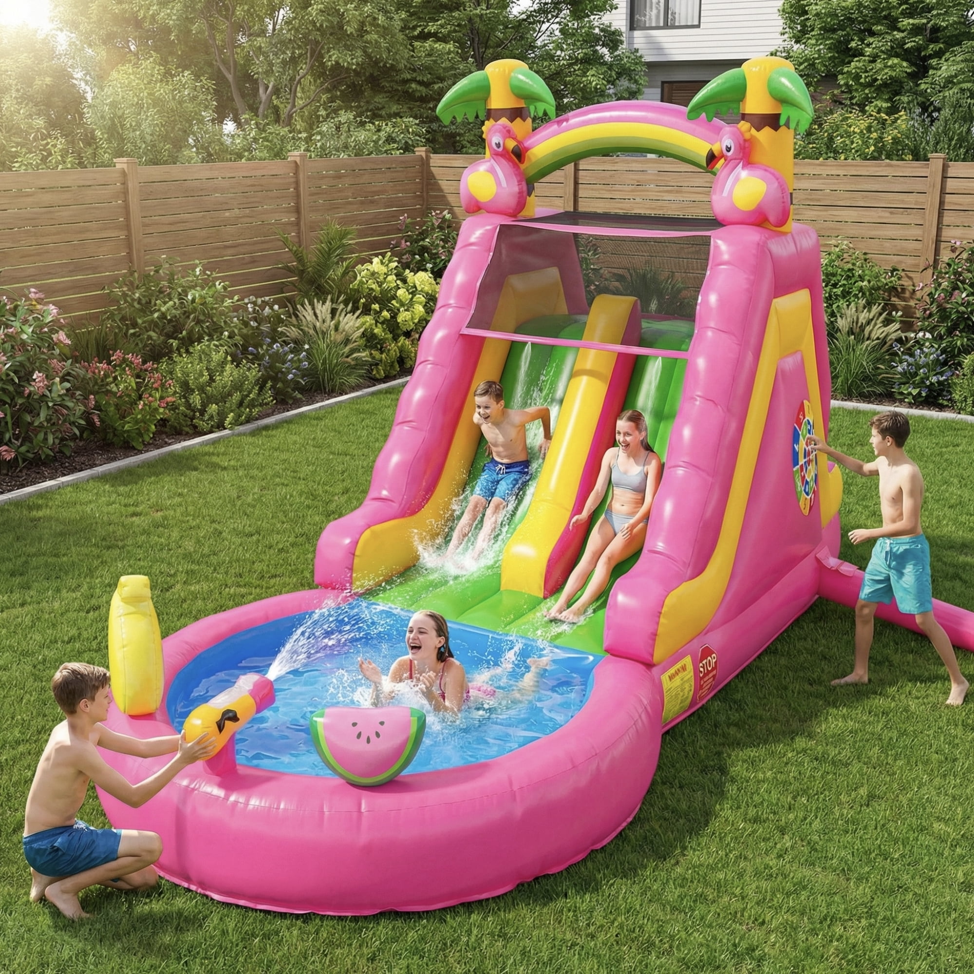 HEMOPOW 23FT Heavy-Duty Inflatable Water Slide for Backyard & Events, Flamingo Theme with Dual Slides, Splash Pool, 600lbs Capacity, Fast Setup for Teens/Adults