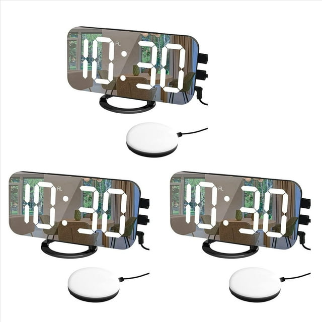 3X Reloj Despertador Digital, Reloj Despertador con VibracióN, con 2 Puertos de Carga USB, Reloj Despertador ElectróNico con Espejo LED de 7 Pulgadas Negro