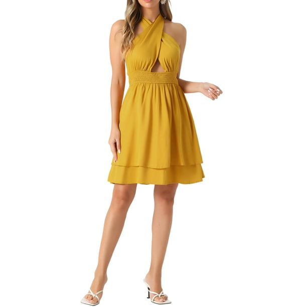 Vestido sin mangas con cuello halter INSPIRE CHIC para el verano de mujeres, vestido de capas con espalda descubierta y fruncido, talla XS, amarillo oscuro