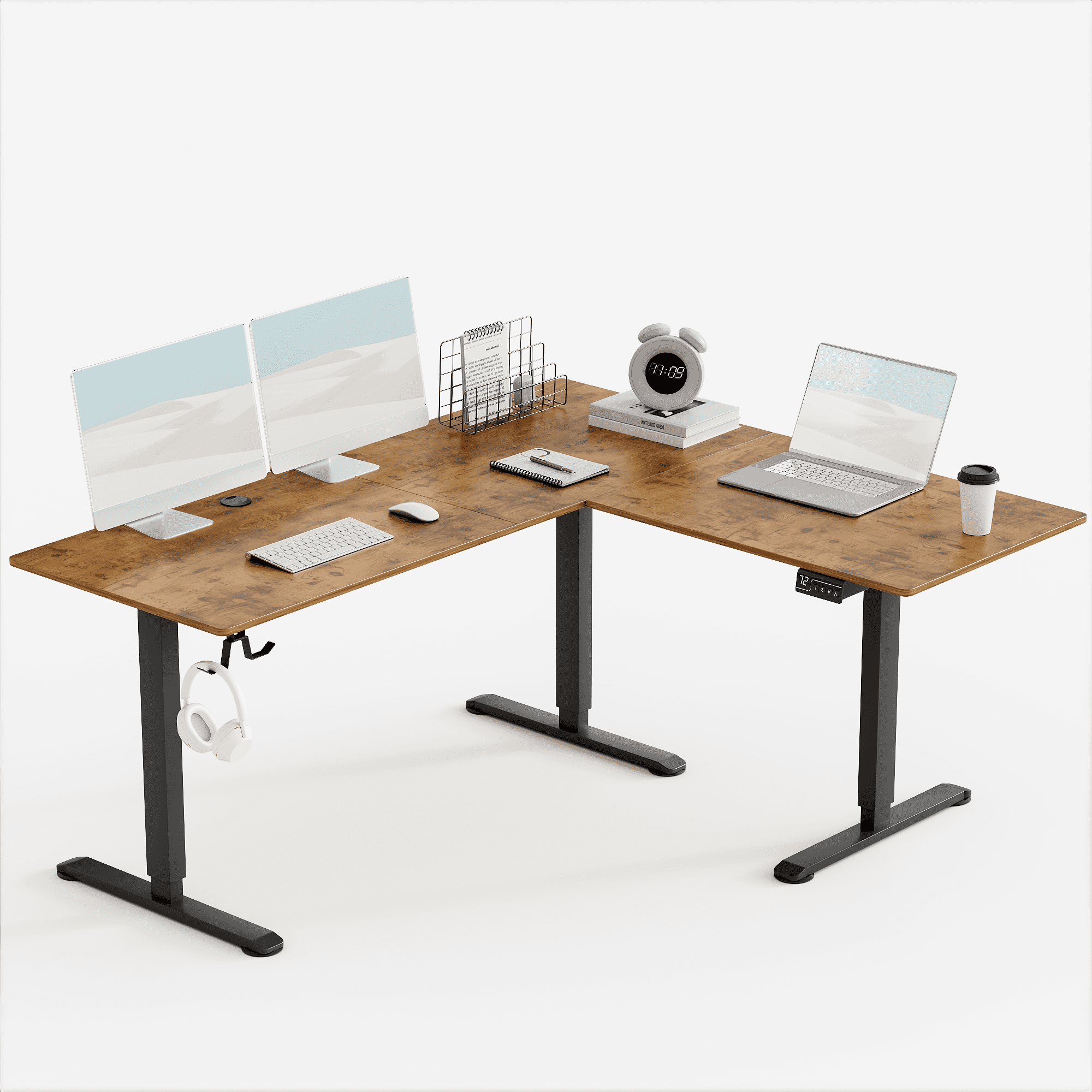 Furmax L-shaped Standing 63” W Electric Height Adjustable Computer Desk Sit-Stand Corner Desk for Home Office Lifting Range 28~46in with Memory Preset Controller, Brown