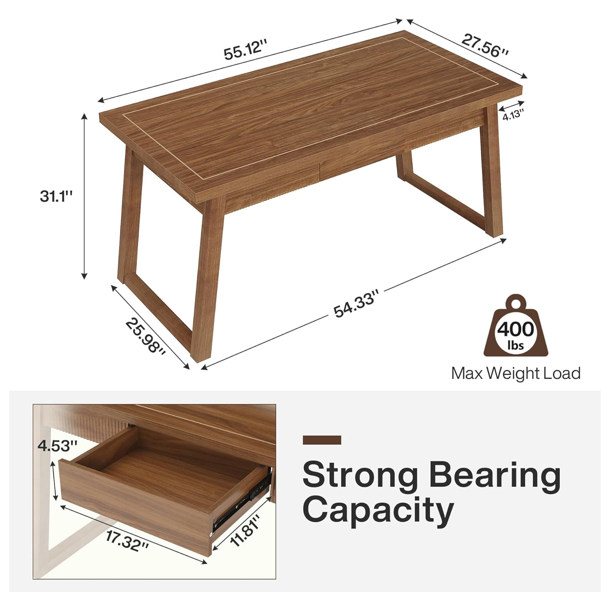 KIOOTTO 55" Executive Desk with Solid Wood Legs and 1 Drawer, Mid-Century Computer Desk, Walnut Brown