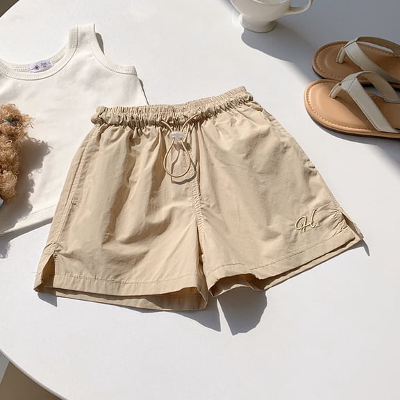 Amidoa Girl Shorts Elastic Waist Quick Dry Solid Color Baggy Summer Casual Shorts Khaki