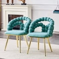 thumbnail image 1 of Juego de 2 Sillas de comedor de terciopelo de cadena de bola de silla de burbuja hinchada amarilla con piernas de oro, sillas modernas tapizadas de acento para el comedor y la cocina, 1 of 5