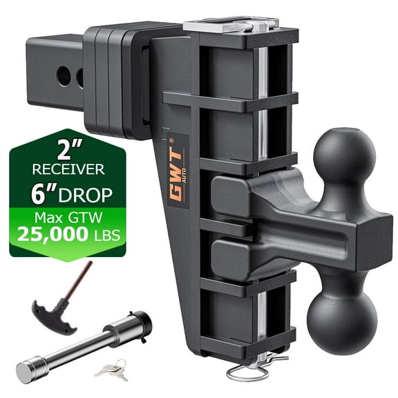 GWTAUTO Adjustable Trailer Hitch 2" Receiver 6" Drop Hitch Solid Ball 25000lb Heavy Duty