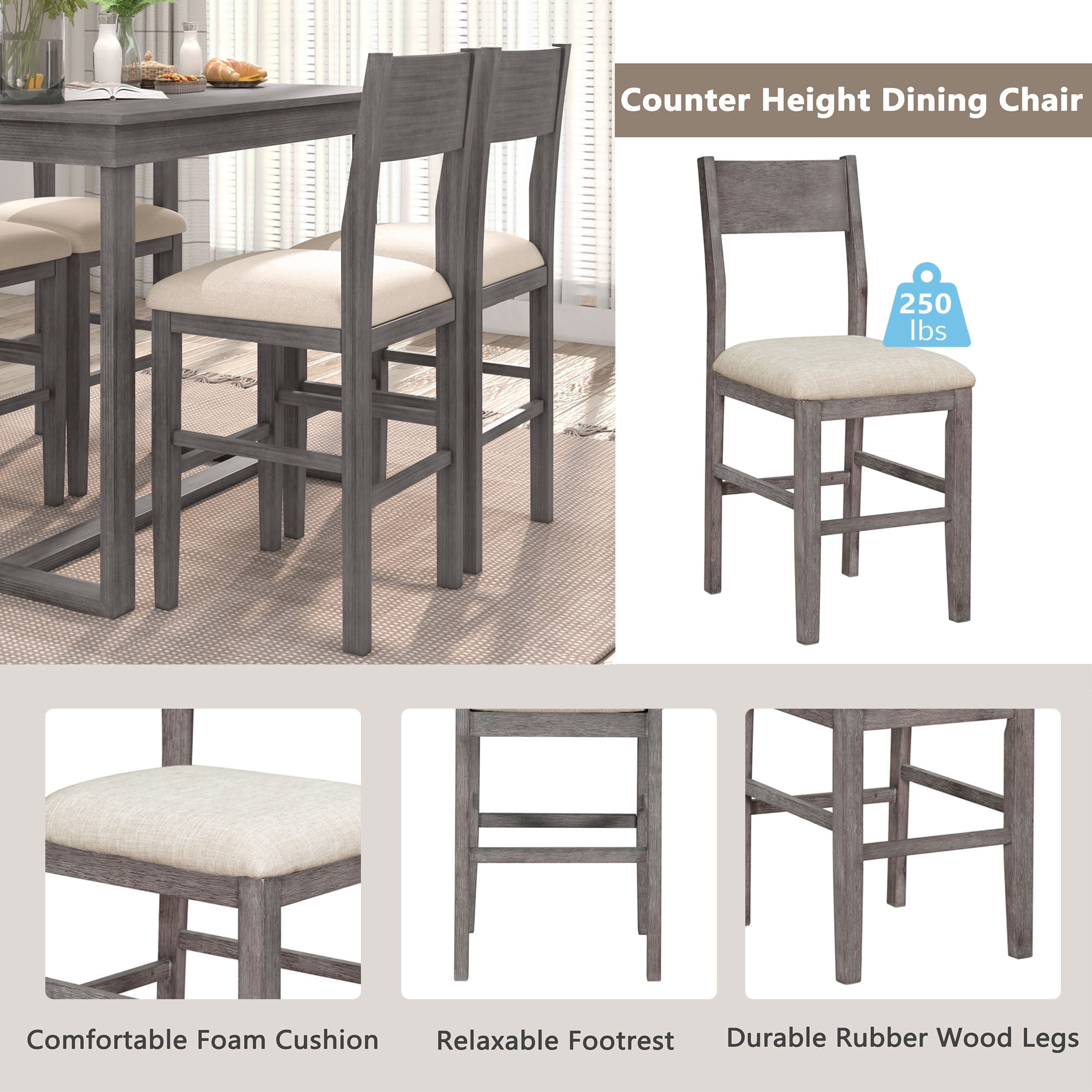 EUROCO 5-Piece Solid Wood Counter Height Dining Table Set for 4,47.2" Dining Room Set with One Rectangular Table and 4 Fabric Chairs,Rectangle Dining Table Set for 4