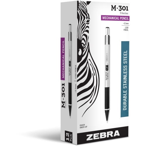 Zebra Pen M-301 Stainless Steel Mechanical Pencils 0.5 mm Lead Diameter - Refillable - Black Stainless Steel Barrel