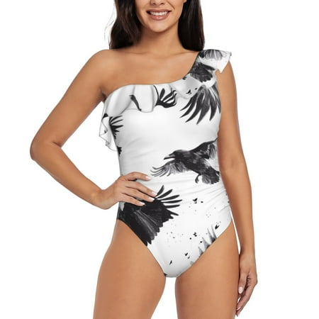 Sikiie Monochrome Flying Ravens Print Women One Piece Swimsuits Tummy Control One Shoulder Bathing Suits Ruffle Swimwear  From S to XXL-Large
