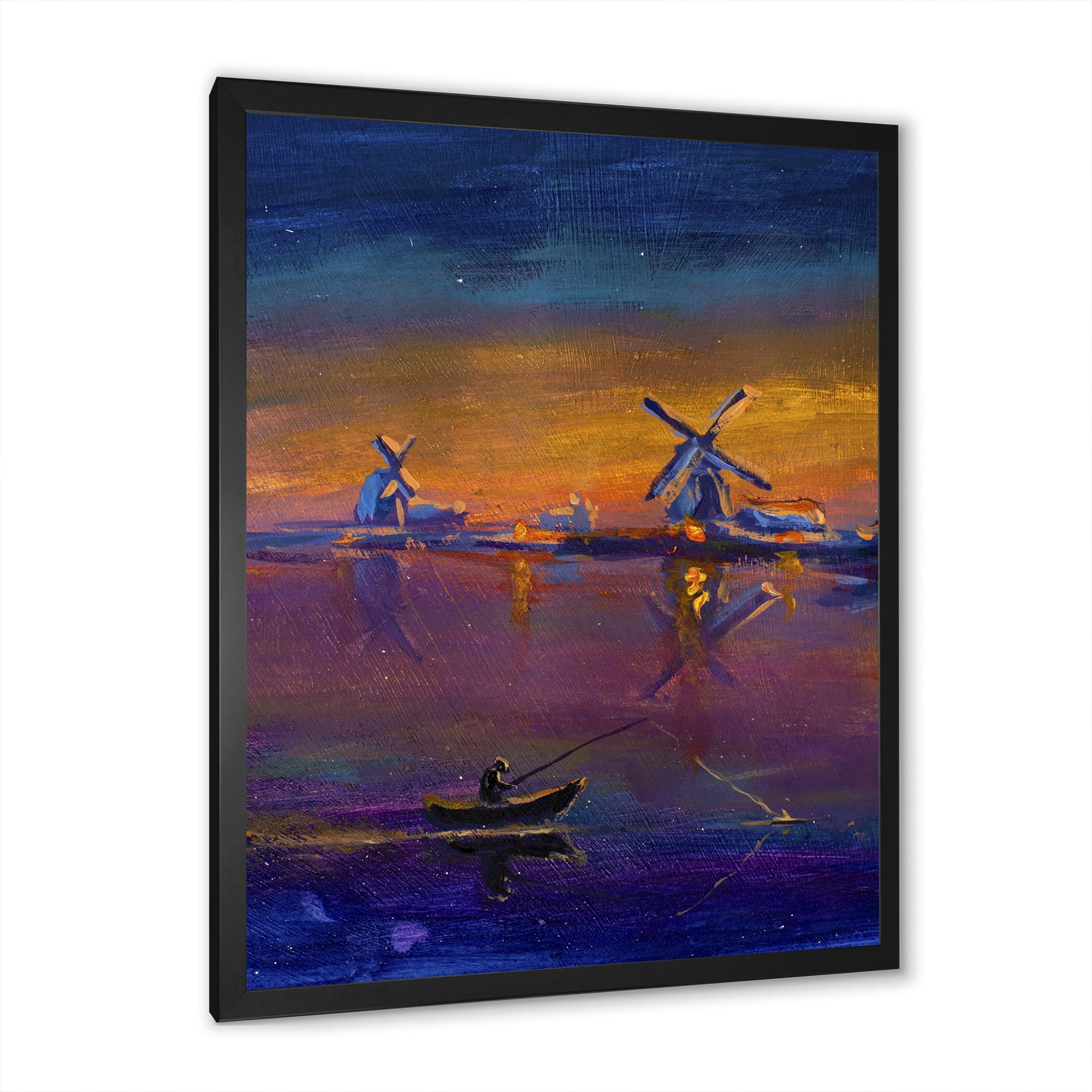 Designart 'Evening Fishing Near The Traditional Windmill' Nautical & Coastal Framed Art Print