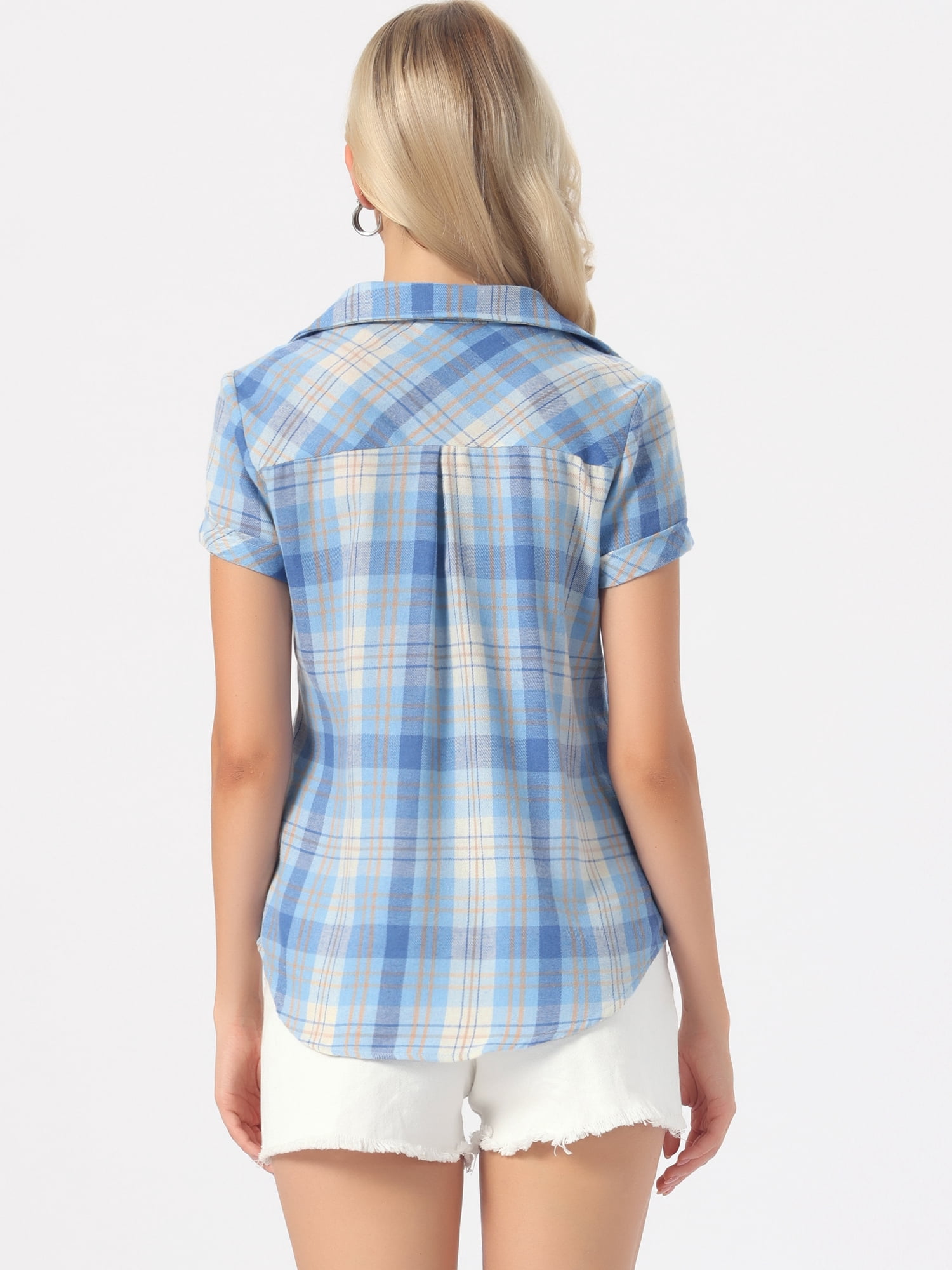 DARING DIVA Women's Plaid Shirts Cotton Short Sleeve Button Down Shirt S Light Blue 2