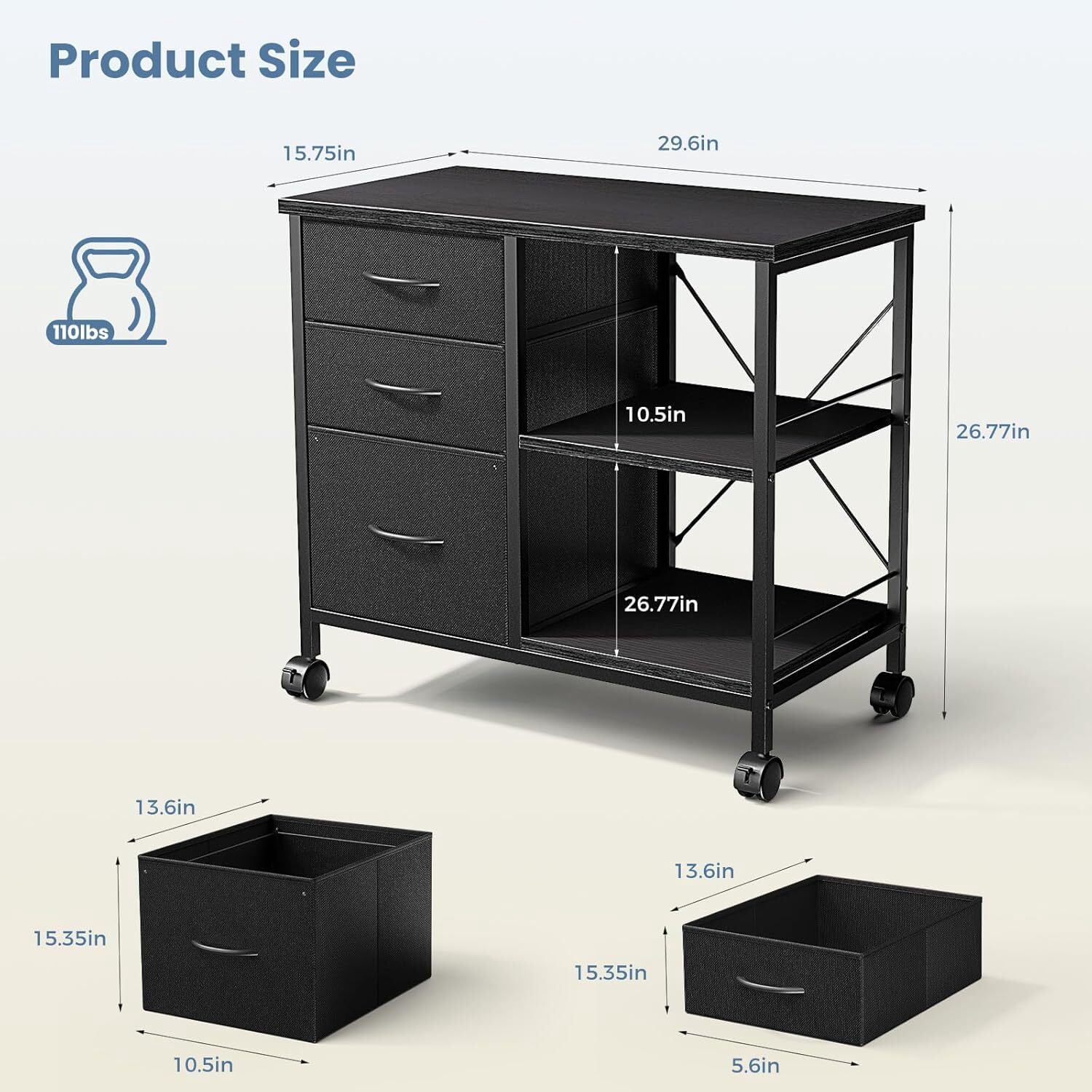 Bigleap 3-Drawer Mobile File Cabinet, Rolling Storage Cabinet with Open Shelf, Fabric Filing Cabinet for Home Office, Under-Desk Storage, Black