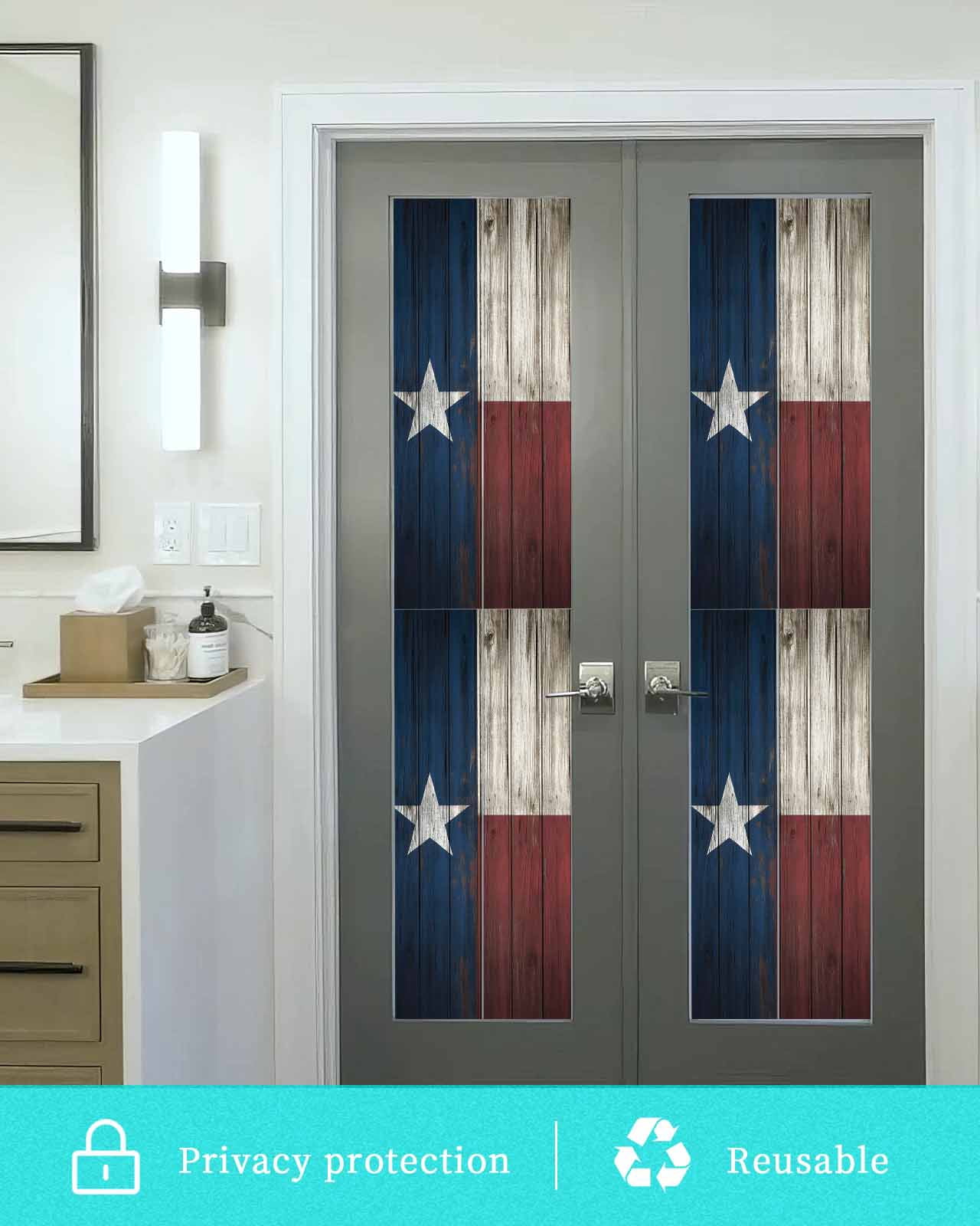 Window Privacy Film Texas Stars Stained Glass Window Film Decorative Sun Block Window Cover Navy Blue Red Retro Gray Wooden Window Clings Static Adhesive Sticker for Bathroom 23.6"x78.7"
