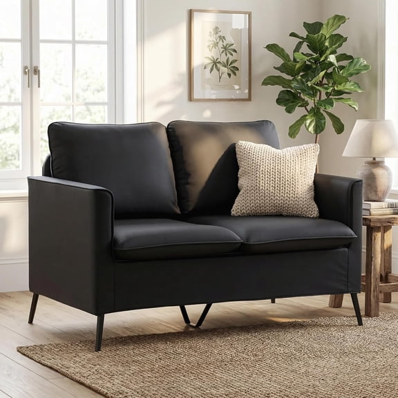 LAZZO 46" Faux Leather Loveseat Sofa, Mid-Century Modern 2-Seater Couch with 2 Pillows for Small Spaces Living Room Bedroom Office, Black