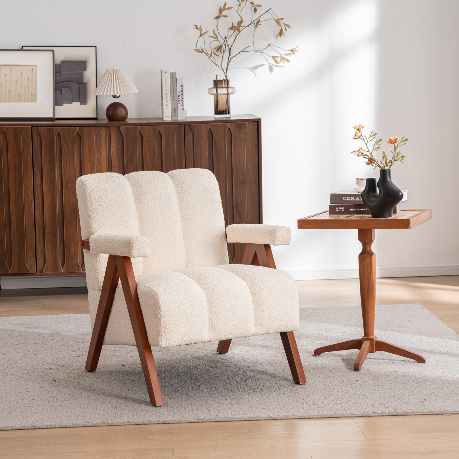 Mid-Century Modern Accent Chair Cloud-Shaped Chenille Lounge Armchair with Solid Oak Wood Frame, Upholstered Reading Chair for Living Room Bedroom Balcony, Beige