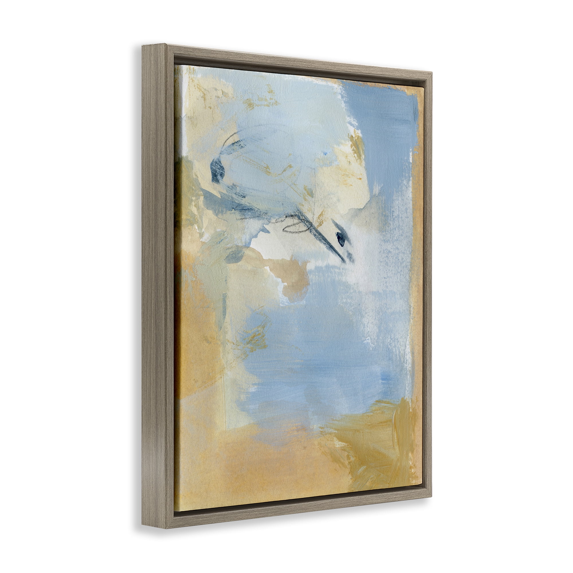 Stupell Industries Distressed Gold & Blue Abstract Painting Brown Floater Framed Canvas Art Print Wall Art, 17 x 21