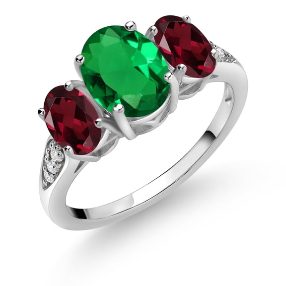 Gem Stone King 10K White Gold Green Nano Emerald Red Rhodolite Garnet and White Lab Grown Diamond 3 Stone Engagement Ring for Women (1.79 Cttw, Gemstone Birthstone, Size 6)