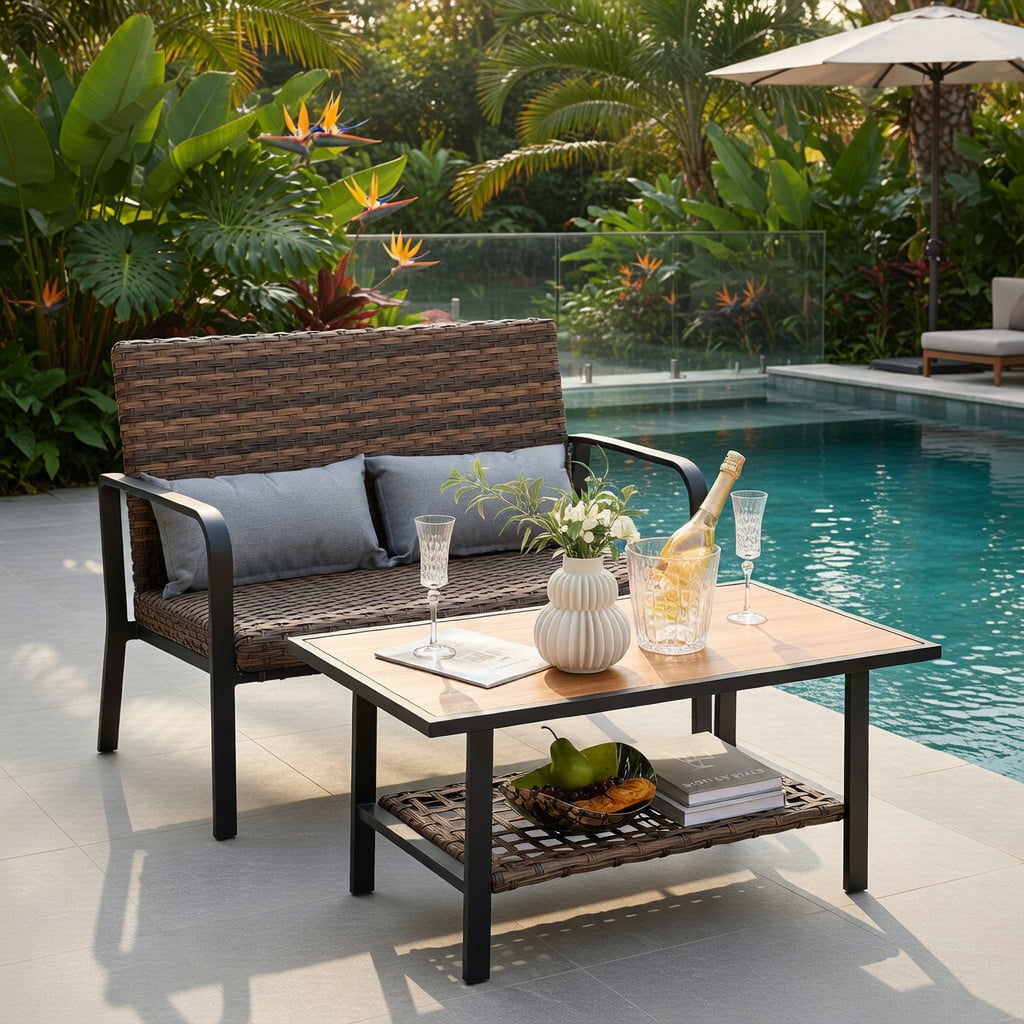 Hommoo 2-Piece Outdoor Rattan Coffee Table & Loveseat Set with Cushions, Storage Shelf, and Lumbar Pillows, Weather-Resistant PE Wicker Patio Furniture for Backyard, Poolside & Garden, Brown