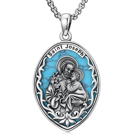 SOULMEET 925 Sterling Silver St Peregrine/Virgin Mary/Saint Joseph Necklace with Turquise/Black Onyx Pendant Religious Medal Necklace Protector Jewelry Gifts for Women Man