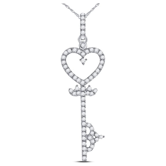 10kt White Gold Womens Round Diamond Key Heart Pendant 1/5 Cttw