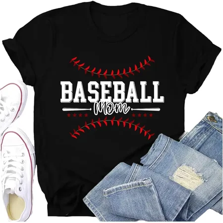 Retro Baseball Mom Graphic T-Shirt Vintage Sports Fan Short Sleeve Cotton Tee for Women Mother's Day Gift Casual Athletic Apparel Top Black