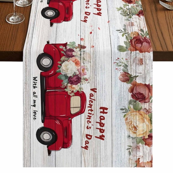 Table Runners 36 Inches Long Dress Scarves, Vintage Valentine's Day Farmhouse Kitchen Table Runner, Short Coffee Tablerunners, Floral Truck Romantic Wooden 13x36 Inch