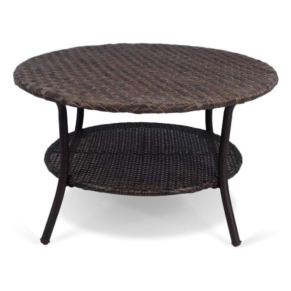 Krikacy Outdoor Wicker Round Coffee Table, All-Weather 2-Tier Patio Side Table w/Storage, Brown
