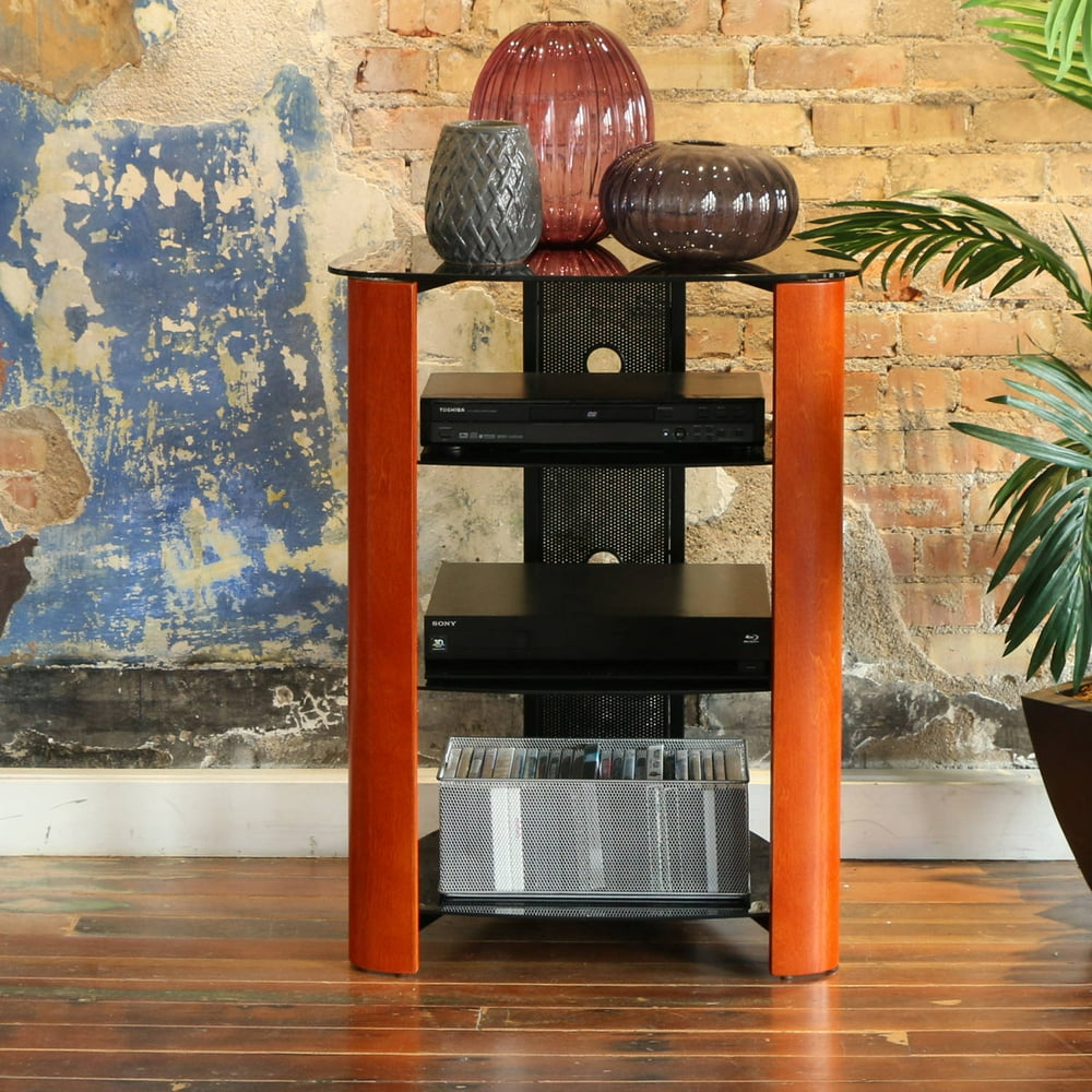 35" Modern 4Shelf Glass Audio Rack Media Component Stand Cherry