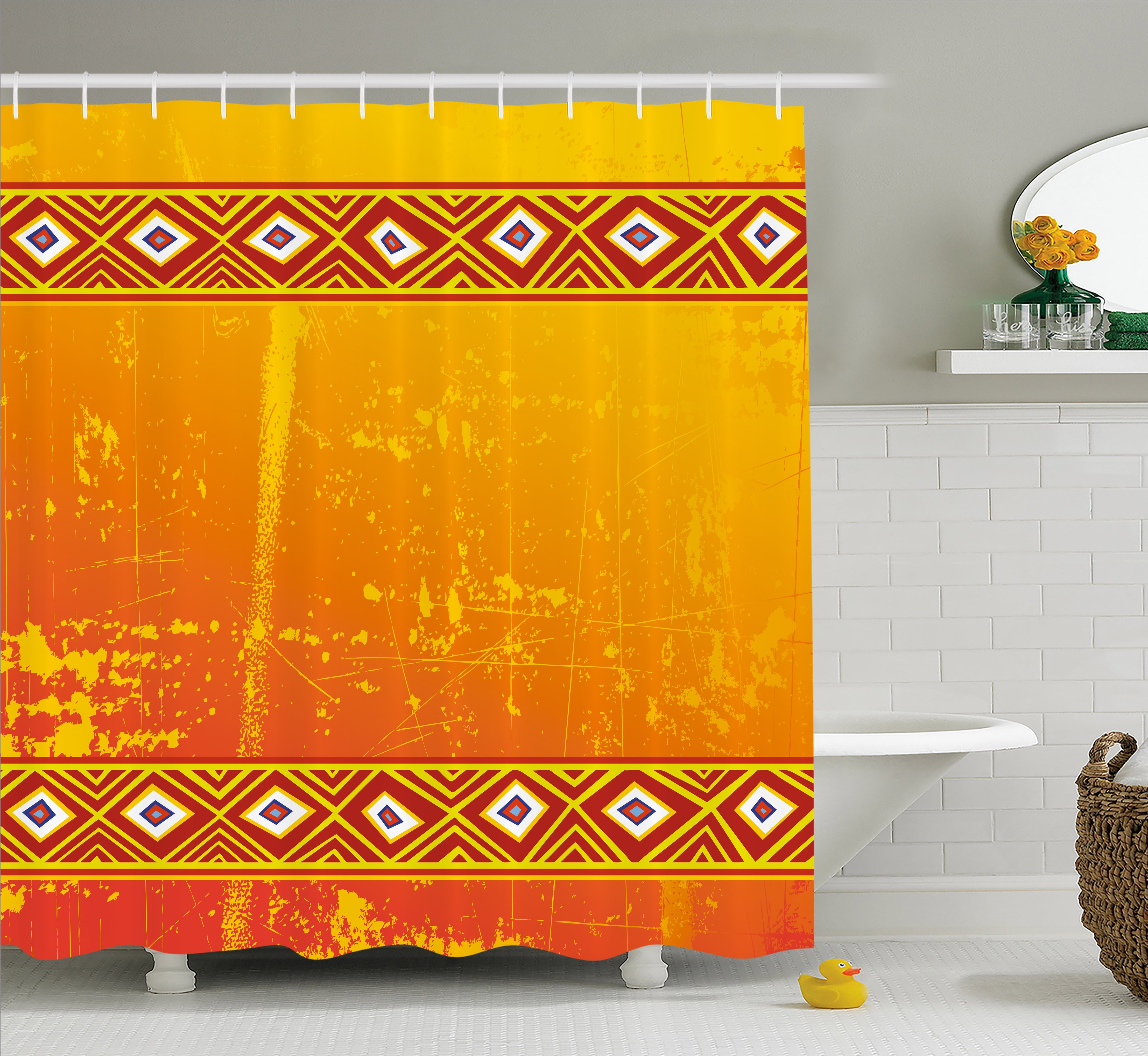 African Shower Curtain, Tribal Theme Ethnic African Grunge Ornaments with Geometric Pattern