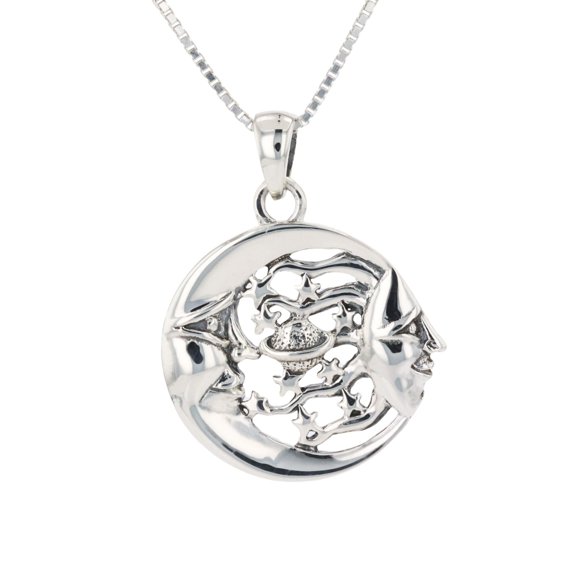 Jewelry Trends Sterling Silver Moon Sun Stars Celestial Pendant on 18 Inch Box Chain Necklace