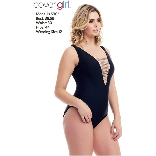 COVER GIRL Womens Swimwear Straight and Curvy One Piece Tummy Control  Swimsuit - Metallic Lace Up, Black/Silver, 14