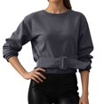 thumbnail image 2 of Women's Minimalist Cropped Sweatshirt - Round Neck Long Sleeve Button Waist Cinching, Loose Fit Casual Outfit Top For Winter,Size:L, 2 of 4