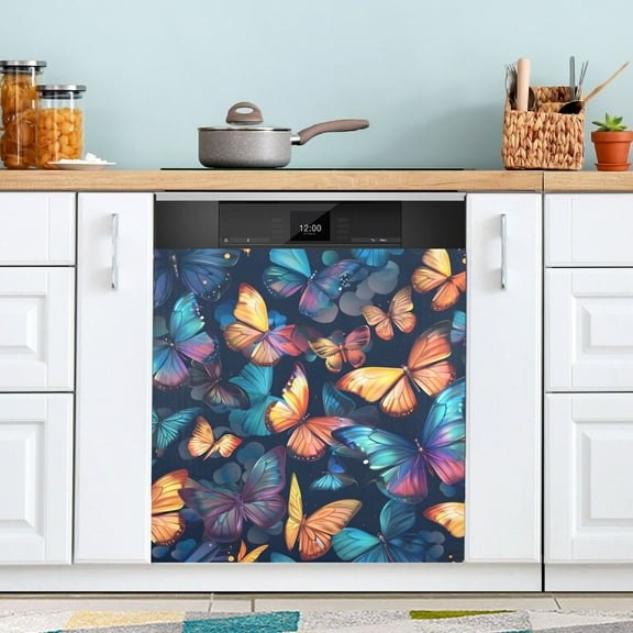 Colorful Shimmering Butterflies Dishwasher Magnet Cover Magnetic Fridge Door Cover Home Kitchen Decor 23"x 26"