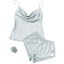 Women's Satin Pajama Set Soft 2 Piece Booty Shorts Lounge Set Silk Cami Shorts Set Summer Sleepwear Cowl Neck Tank Blue X-Small