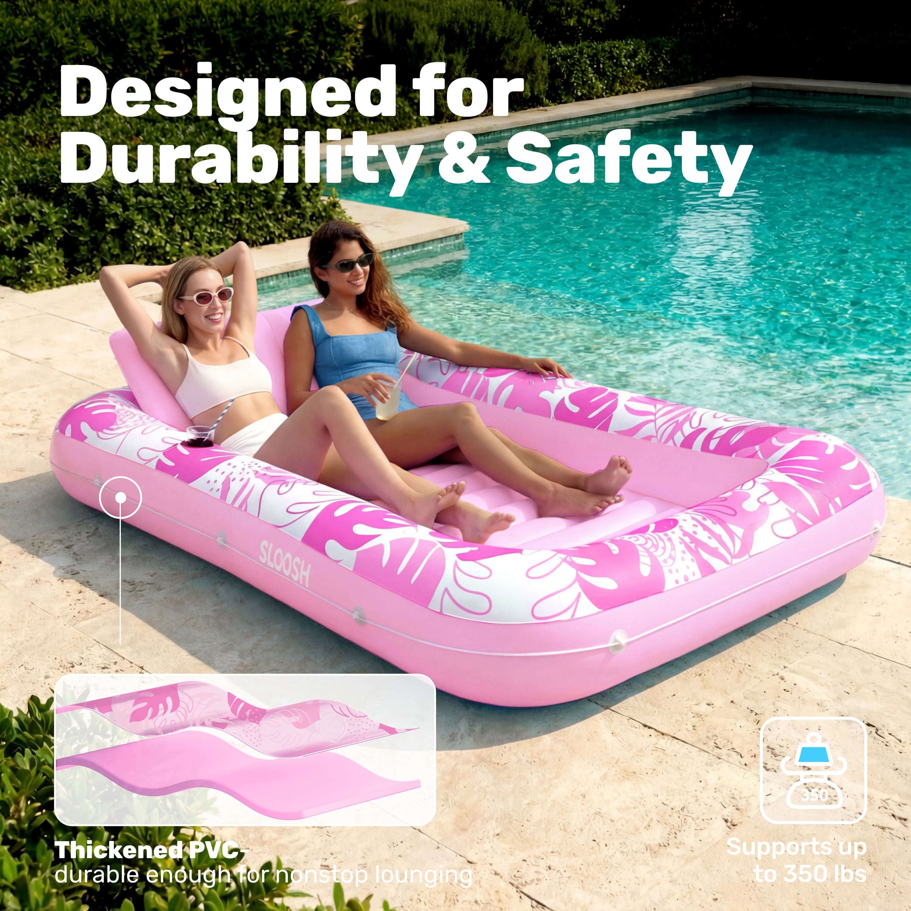 SLOOSH Inflatable Tanning Pool Lounger Float, 85" x 57" Extra Large Suntan Sun Tan tub for Adults, Tanning chair, Bed Blow up, Raft Lounge Floatie,XL-Blushing Pink
